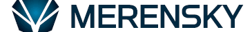 Merensky timber company logo featuring a blue geometric diamond icon and bold sans-serif text.