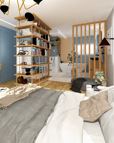 a bedroom with a bed, a couch, and a television