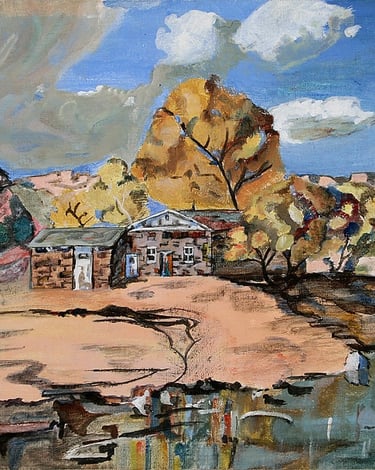 Acrylic semi-abstract painting of cottage in Oak Creek Canyon, AZ