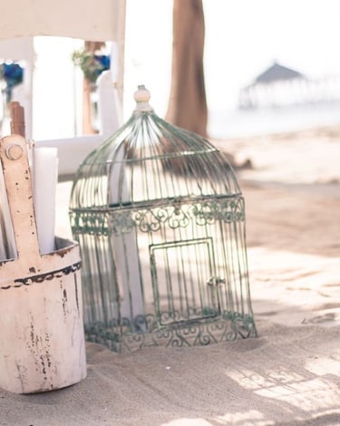 rustic green birdcage set on sand at beach wedding