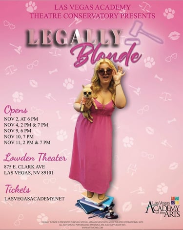 LVA's Legally Blonde musical poster. it's gradient pink with Elle wearing pink and posing with her chihuahua.