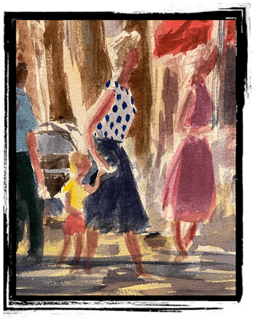 watercolor woman walking with a child