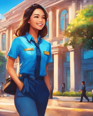 a japanese woman in uniform uniform standing in front of a building