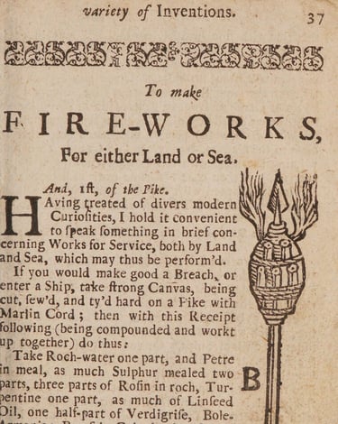 Fireworks instructions in an earlier version of Art’s Treasury entitled Hocus Pocus (c.1716).