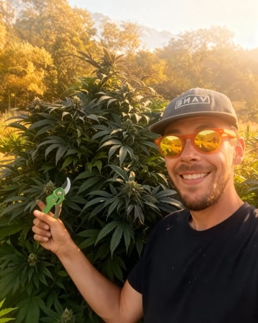 Pierre Bourgon Producteur fleurs de cbd devant une plante de cbd de 2metre, champs alpin naturelle