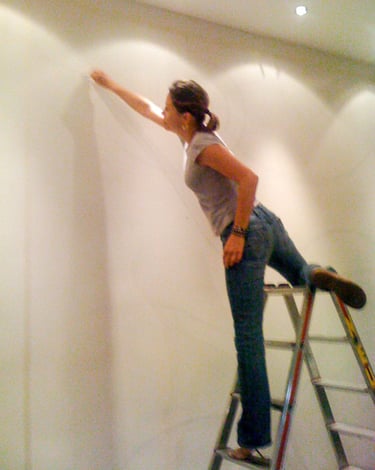 Stefanie on ladder sketching a mural.