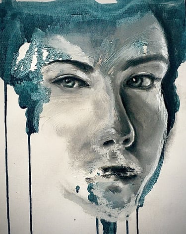 Portrait of a woman sits inside blue brush strokes. Chalk picks out details of texture on face