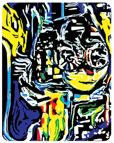 Pop art of cartoon cat with big eyes dancing.