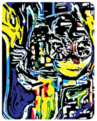 Pop art of dancing cartoon black cat wearing with sparkling eyes  and wearing a yellow suit.