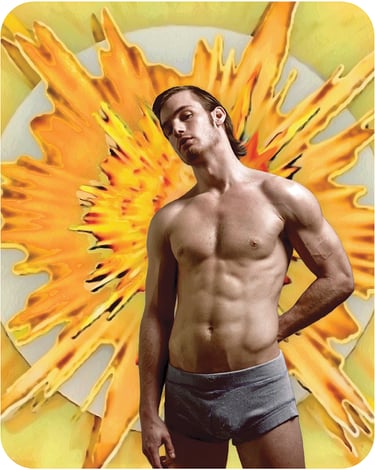 Pop art of 90's male model in Aussie Rower shorts with starburst in background.