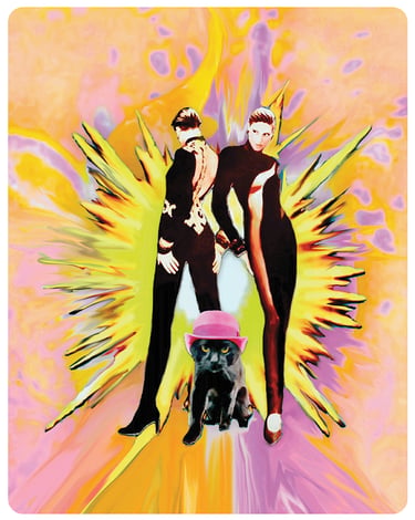 Pop art of !990's model Terri Tate wearing Balmain and Balthazar, the cat in a pink derby.