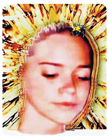 Pop art of girl as a sunflower with bumble bee on forehead.
