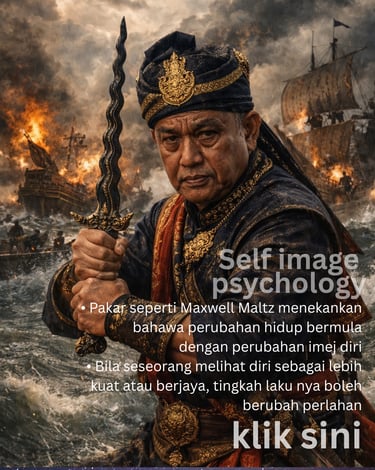 A Malay warrior holds a kris dagger during a naval battle with burning ships and Indonesian text.