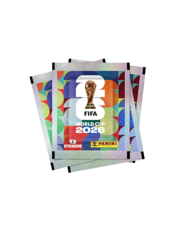 Three packs of Panini FIFA World Cup 2026 stickers featuring the official trophy logo.