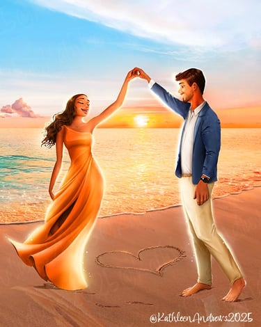 Romantic illustration couple dancing sunset heart drawn in sand artwork art commission