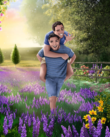 Two men in love piggyback ride through lavender field at sunset illustration artwork