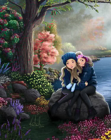 Two girls sisters cozy hats sit on rock illustration vibrant autumn flowers trees artwork