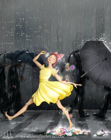 joyful illustration girl in yellow dress dancing in the rain glowing flowers business life artwork