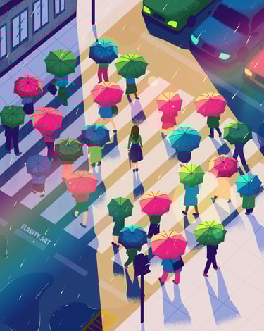 digital illustration of a group of people walking down a street holding umbrellas