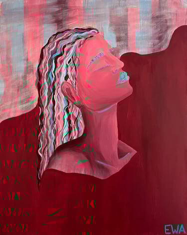 a painting of relieved woman on a red background