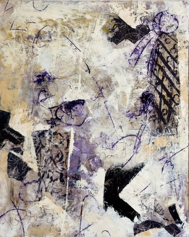 Abstract mixed media painting with purple, black, and beige textures, featuring gestural marks and geometric shapes.