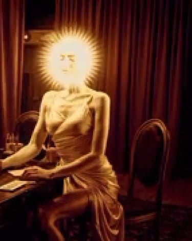 An actress is backstage meditating on her role and looks like a sun goddess.