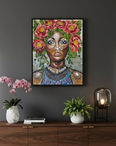 Tableau Portrait Hybride "Shade" par Xirkys : visage féminin couronné de fleurs rouges et feuillage.