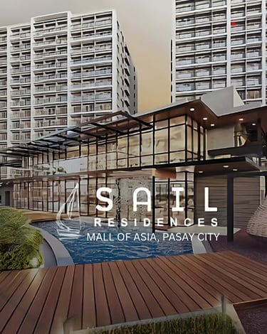 Luxury Sail Residences condo near Mall of Asia in Pasay City featuring a pool and modern architecture.