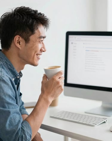 Cliente satisfecho cerrando un ordenador portátil tras completar sus gestiones contables con éxito