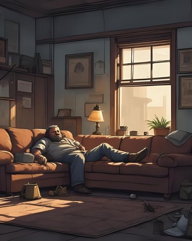 un homme affalé dans son canapé qui attend que tout arrive tout seul