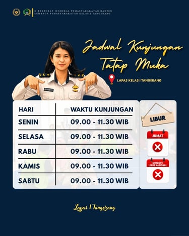 Face-to-face visitation schedule for Lapas Kelas I Tangerang showing visiting hours from Monday to Saturday.