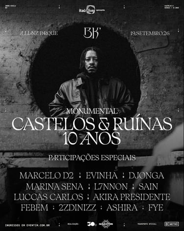Cartaz do show do rapper BK em preto e branco com a data e nome dos convidados.