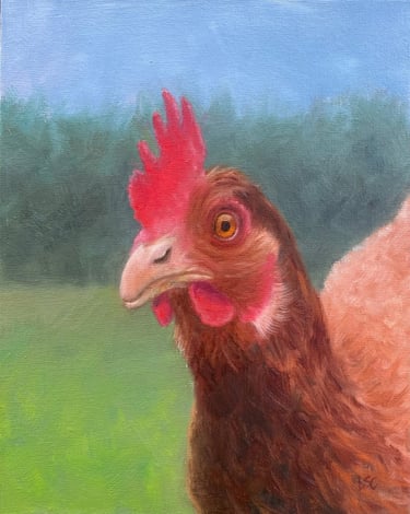 An original oil painting of a brown chicken hen close up