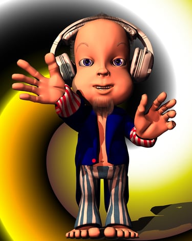 3D cartoon character with headphones and a goatee wearing a blue jacket and striped pants.