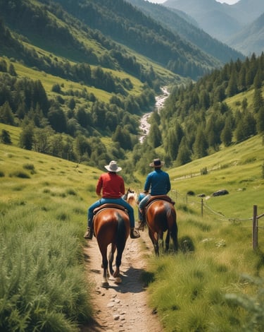 Guests riding horses along a scenic trail surrounded by lush forest.