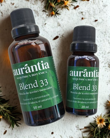 Dos botellas de vidrio ámbar de aceites esenciales Aurantia Blend 33  para aromaterapia