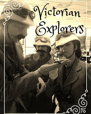 Victorian explorers in steampunk costumes with pith helmets and goggles examine a specimen.
