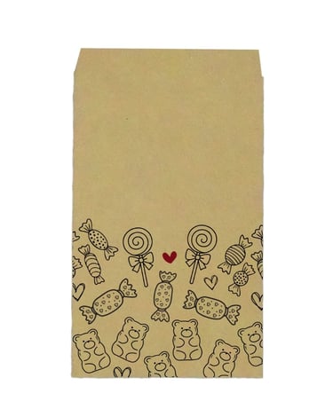 kraft geschenkzakje met getekende snoepjes als bedrukking.