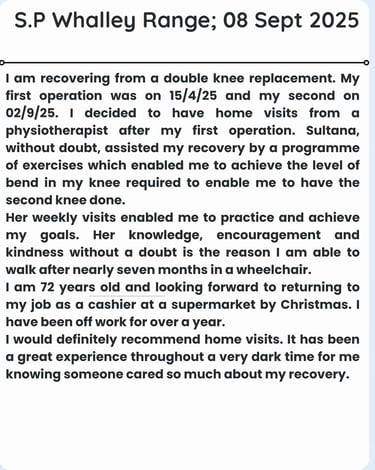 Review from patient sharing their happiness about knee replacement journey after physiotherapy.