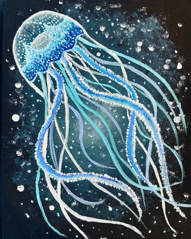 acrylic painting of jellyfish on black background.