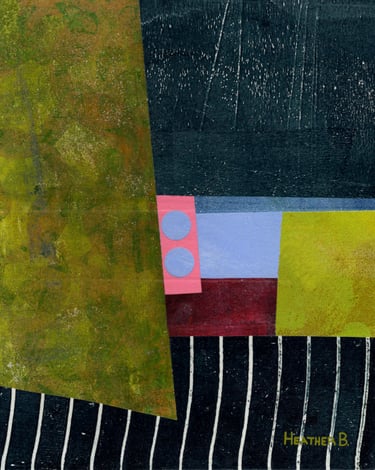 Abstract mixed media collage art with green, blue, and pink textured paper shapes and striped patterns.