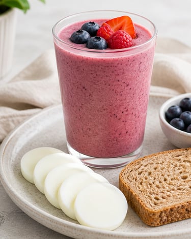 Healthy mixed berry smoothie glass served with whole wheat toast, sliced eggs, and fresh fruit.