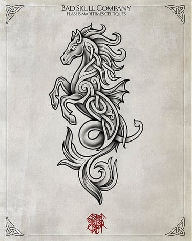 Celtic tattoo flash art featuring a mythical hippocampus with intricate knotwork and flowing tribal curves.