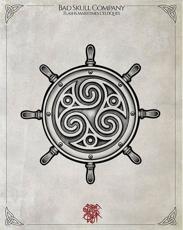 Celtic triskele symbol inside a nautical ship wheel tattoo design by Bad Skull Company.