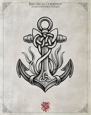 Black and white Celtic anchor tattoo design featuring traditional knots and maritime flash art details.