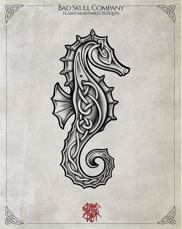 Celtic seahorse tattoo design featuring intricate knotwork and monochrome shading.