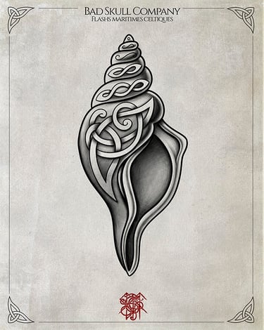 Celtics style sea shell tattoo flash illustration with intricate knotwork patterns on a spiraled conch shell.