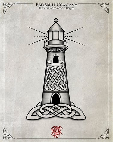 Celtic lighthouse tattoo flash design featuring intricate knots and nautical symbolism.