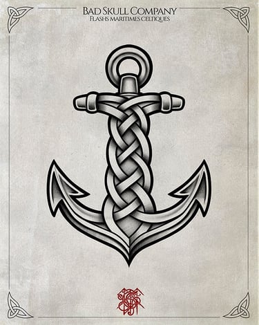 Traditional Celtic knot anchor tattoo flash art illustration in black and grey ink.