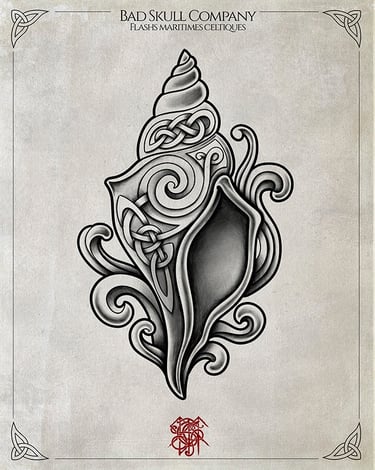 Celtic knot seashell tattoo flash art featuring intricate spirals and nautical maritime designs.
